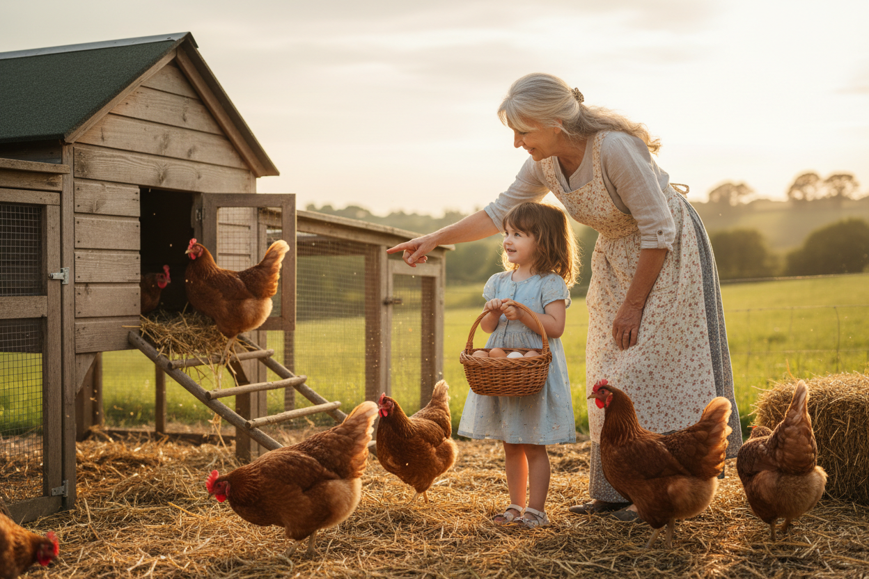 abuela con su nieta cogiendo huevos de sus gallinas
