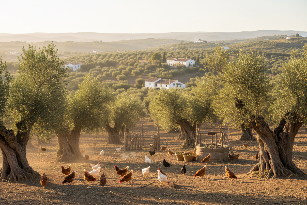 Granja familiar de gallinas en el campo rodeado de olivos