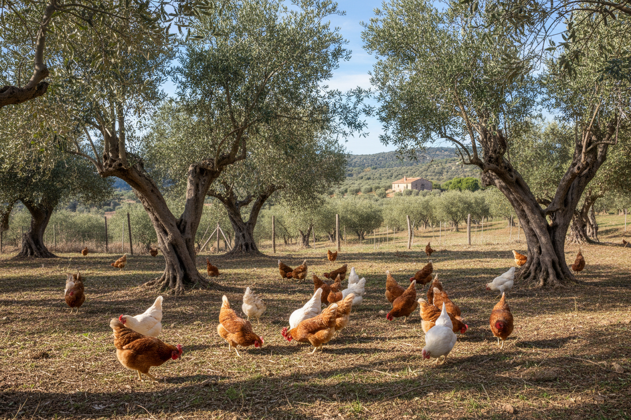 Nuestras gallinas gallinas pastando entre olivos